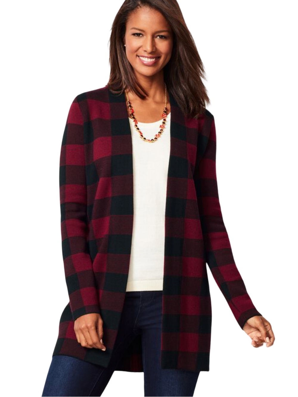 New Talbots Women's Open-Front Buffalo Plaid Burgundy & Black Wool Cardigan L